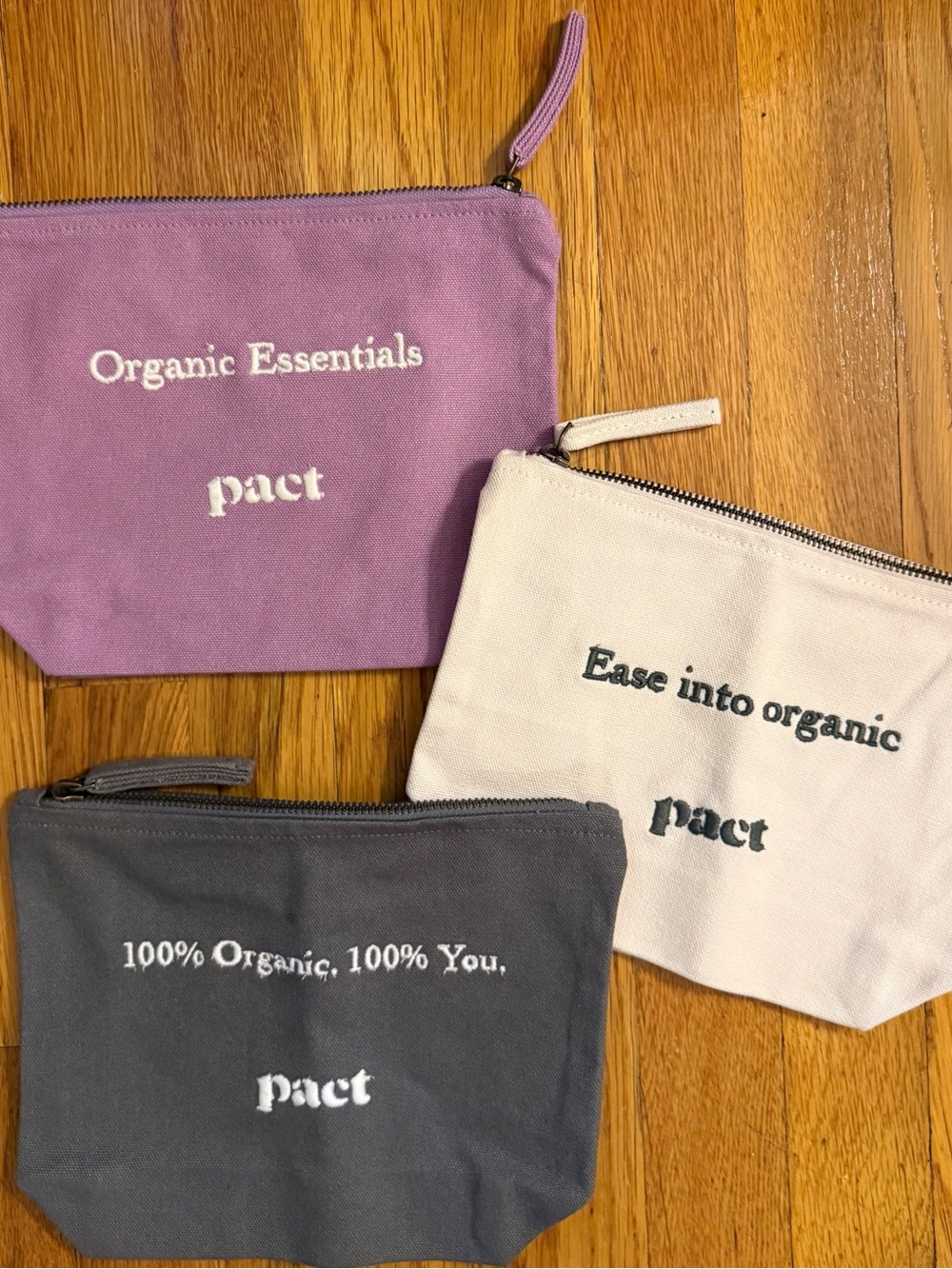 Pact Trio of Canvas Zip Pouches in Lilac, Cream & Charcoal